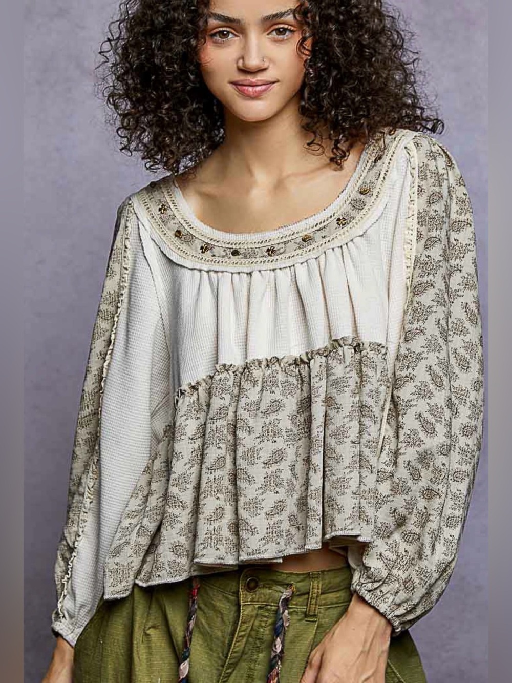 POL Peasant Top Tatiana Balloon Sleeve Studded Detail Thermal Panel Top Size Med